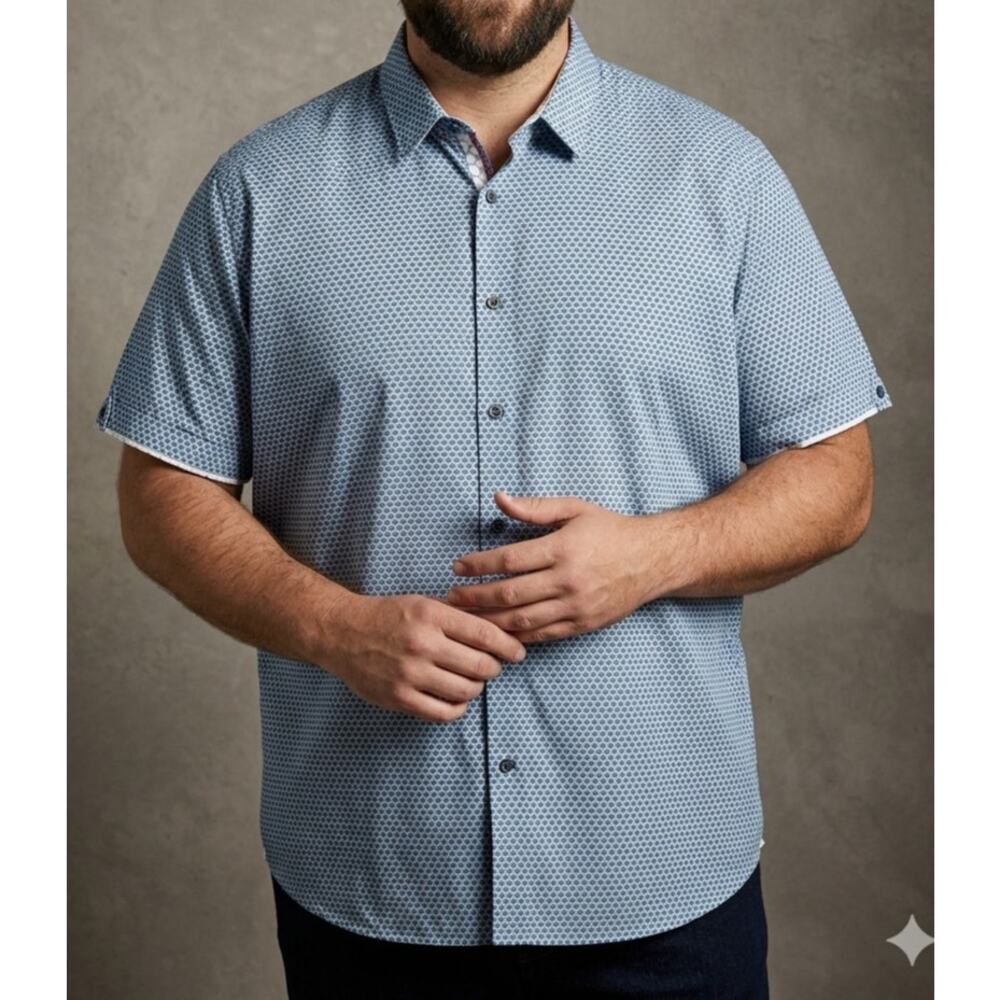 Ted Baker Men's Blue Geometric Short Sleeve Button Down - Size 7(XL)